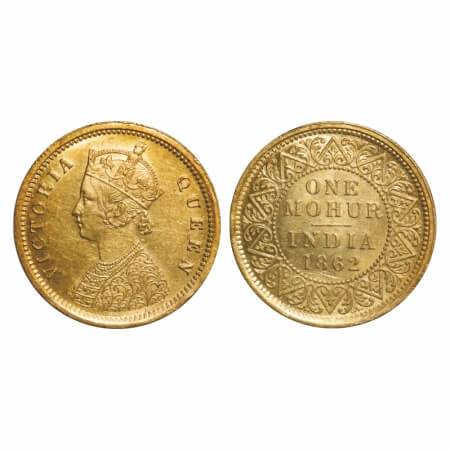 Victoria Queen, Gold, Mohur, 1862, Calcutta Mint, Two flowers in bottom panel of jabot, A 