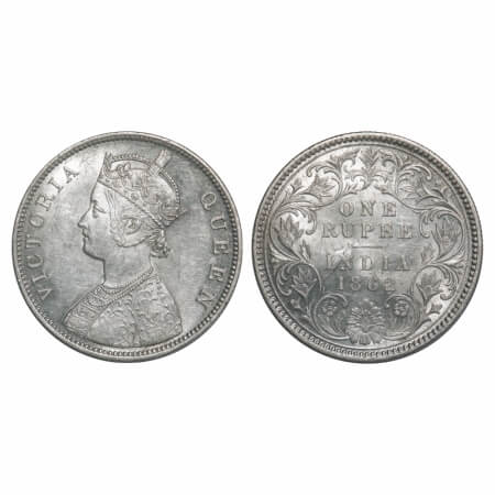 Victoria Queen, Silver, Rupee, 1862, Calcutta Mint, B/III, Embroidery in high relief, Ghos