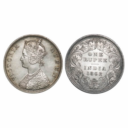Victoria Queen, Silver, Rupee, 1862, Calcutta Mint, B/III, Flat 1. F. Prid 60. GK 243. Alm