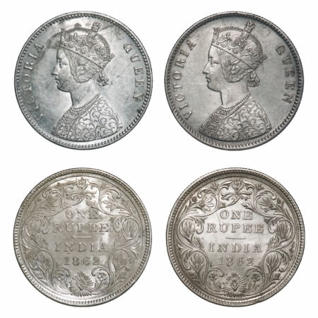 Victoria Queen, Silver, Rupee, 1862, (2 coins), Calcutta Mint, inclined 1, 1) A/II(i), Wit