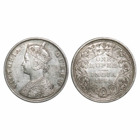 Victoria Queen, Silver, Rupee, 1862, Calcutta Mint, A/II(v), w/o initial 'J', With Pineapp