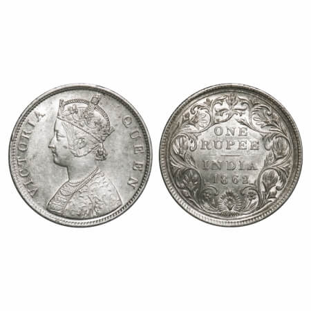 Victoria Queen, Silver, Rupee, 1862, Calcutta Mint, A/II(v), w/o initial 'J', With Pineapp