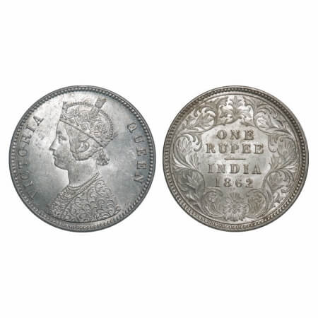 Victoria Queen, Silver, Rupee, 1862, Calcutta Mint, A/I, With initial 'J', Flat 1. F. Prid