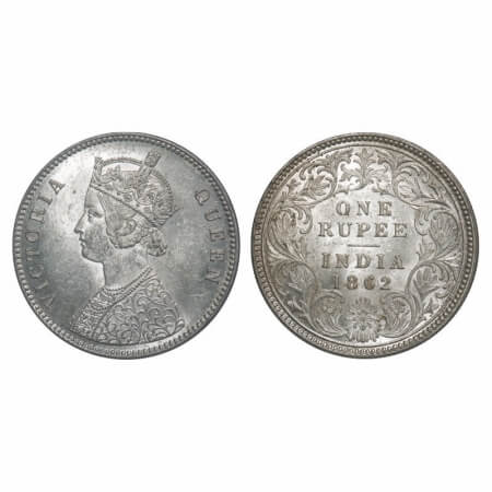 Victoria Queen, Silver, Rupee, 1862, Calcutta Mint, A/I, With initial 'J', Flat 1. F. Prid