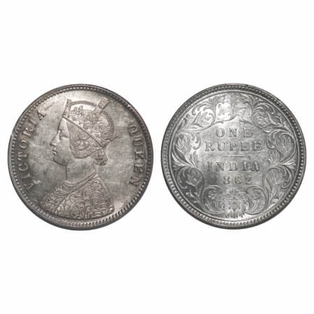 Victoria Queen, Silver, Rupee, 1862, Calcutta Mint, A/I, w/o initial 'J', Mechanical die d