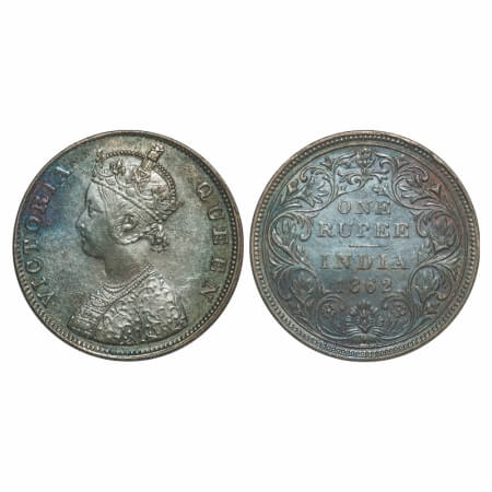 Victoria Queen, Silver, Rupee, 1862, Madras Mint, B/II, With enclosed frame effect and w/o