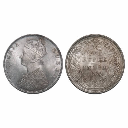 Victoria Queen, Silver, Rupee, 1862, Bombay Mint, D/II, Flower above 'E' of One normal siz
