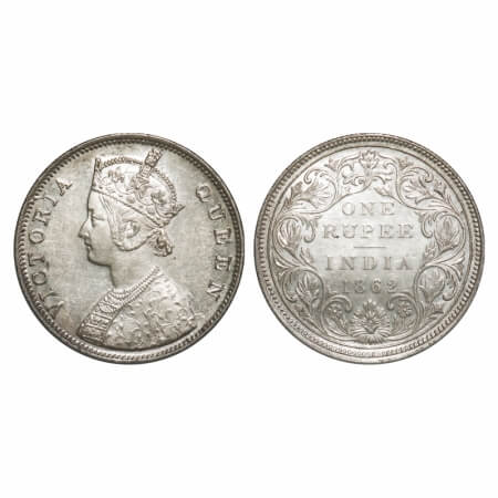 Victoria Queen, Silver, Rupee, 1862, Bombay Mint, B/II/1/0, Inclined 1. F. Prid 69. GK 286