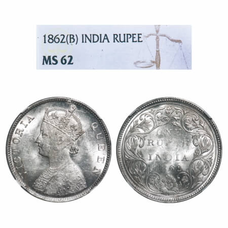 Victoria Queen, Silver, Rupee, 1862, Bombay Mint, B/II/2/0. F. Prid 71. GK 287. NGC Slabbe