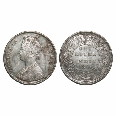 Victoria Queen, Silver, Rupee, 1862, Bombay Mint, B/II/2/0, Dots placed are at equi distan