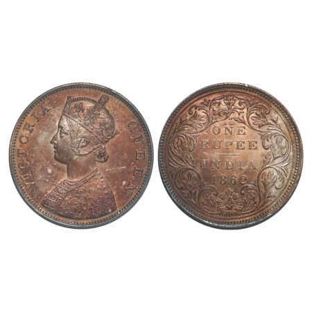 Victoria Queen, Silver, Rupee, 1862, Bombay Mint, B/II/2/0, Ghost on Rev, Two dots arrange