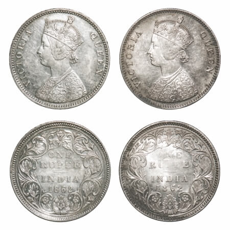 Victoria Queen, Silver, Rupee, 1862, (2 coins), Bombay Mint, 1) A/I/0/4, w/o initial 'J',