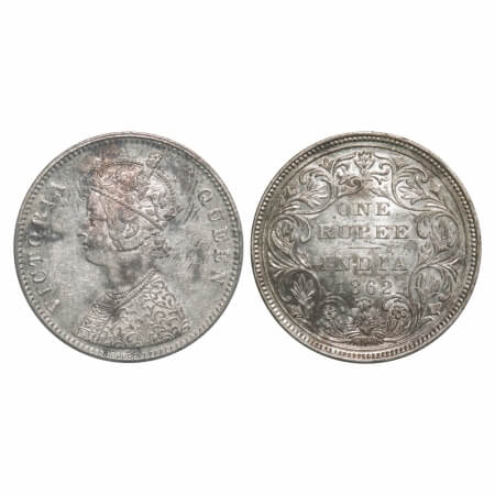 Victoria Queen, Silver, Rupee, 1862, Bombay Mint, A/II/0/4, w/o initial 'J', Inclined 1. F