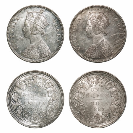 Victoria Queen, Silver, Rupee, (2 coins), 1862, Bombay Mint, Inclined 1, 1) A/II/0/4, w/o 