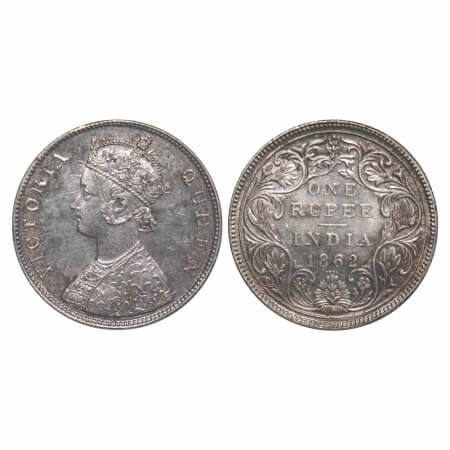 Victoria Queen, Silver, Rupee, 1862, Bombay Mint, B/II/0/4, 4 dots placed are in straight 
