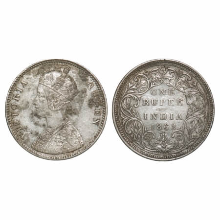 Victoria Queen, Silver, Rupee, 1862, Bombay Mint, A/II/2/5, Re used of earlier Rev dies wi
