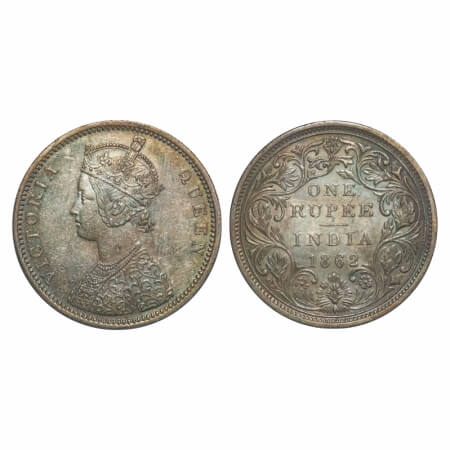 Victoria Queen, Silver, Rupee, 1862, Bombay Mint, A/II/0/7, With initial 'J', Inclined 1. 