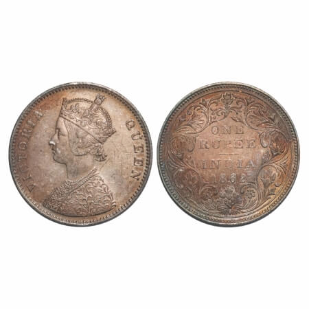 Victoria Queen, Silver, Rupee, 1862, Bombay Mint, A/II/0/7, w/o initial 'J', 5th dot arran