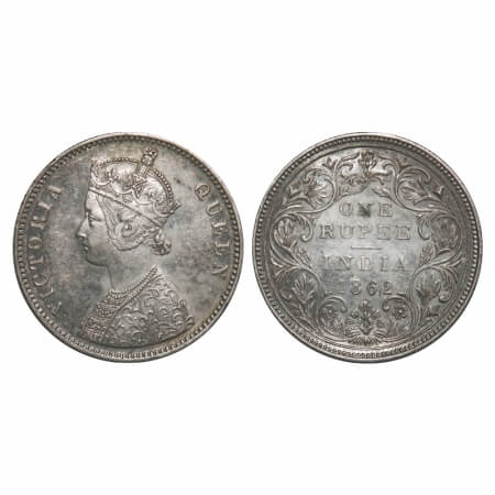 Victoria Queen, Silver, Rupee, 1862, Bombay Mint, A/II/0/10, w/o initial 'J', inclined 1. 