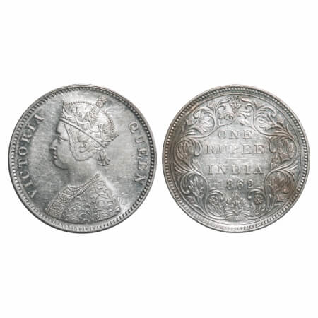 Victoria Queen, Silver, Rupee, 1862, Bombay Mint, A/II/0/10, Flat shoulder, w/o initial 'J