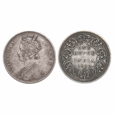 Victoria Queen, Silver, Rupee, 1862, Bombay Mint, A/II/0/12, w/o initial 'J', 4th and 9th 