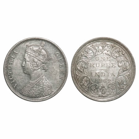 Victoria Queen, Silver, Rupee, 1862, Bombay Mint, A/II/1/2, With initial 'J', Inclined 1. 