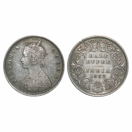 Victoria Queen, Silver, Half Rupee, 1862, Calcutta Mint, A/I, Round Pearls, Mechanical die