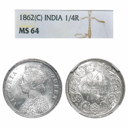 Victoria Queen, Silver, 1/4 Rupee, 1862, Calcutta Mint, A/I. F. Prid 376. GK 375. NGC Slab