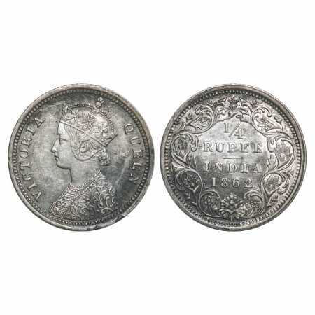 Victoria Queen, Silver, 1/4 Rupee, 1862, Madras Mint, A/I. F. Prid 378. GK 379. About Unci