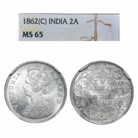 Victoria Queen, Silver, 2 Annas, 1862, Calcutta Mint, A/I, Bottom flower center top petal 
