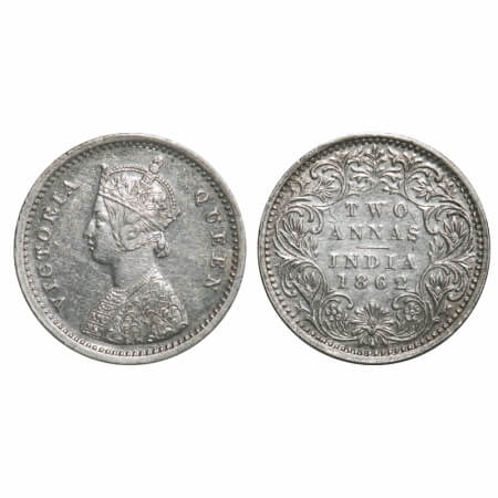Victoria Queen, Silver, 2 Annas, 1862, Bombay Mint, A/I, Bottom flower centre top petal br
