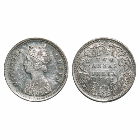 Victoria Queen, Silver, 2 Annas, 1862, Bombay Mint, A/I, Bottom flower centre top petal br