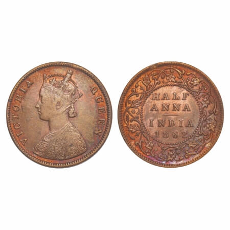 Victoria Queen, Copper, Half Anna, 1862, Madras Mint, A/I, Smugged type flowers. F. Prid 5