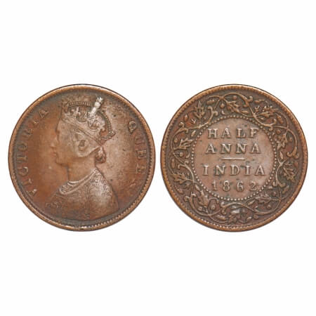 Victoria Queen, Copper, Half Anna, 1862, Bombay Mint, A/I, Smugged type flowers. F. Prid 5