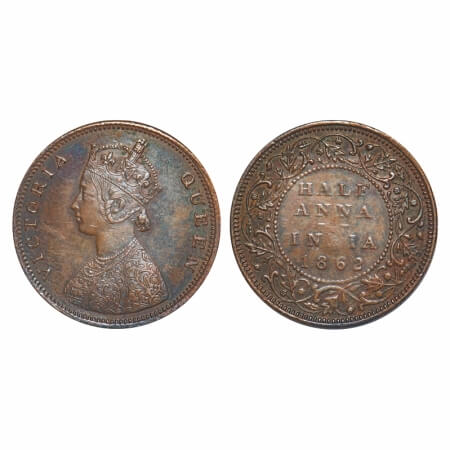 Victoria Queen, Copper, Half Anna, 1862, Bombay Mint, A/I(i), Flowers with 5 dots around a