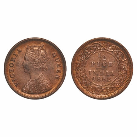 Victoria Queen, Copper, 1/2 Pice, 1862, Calcutta Mint, A/I. F. Prid Unlisted. GK 400. Almo