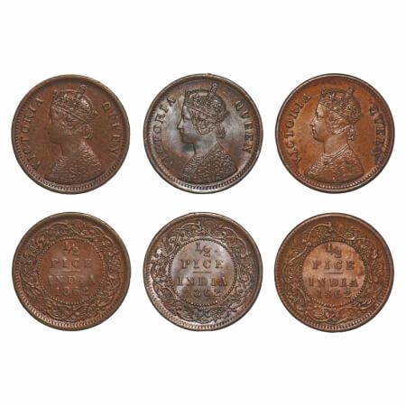 Victoria Queen, Copper, 1/2 Pice, (3 coins), 1862, Calcutta Mint, A/I. F. Prid 710(3). GK 