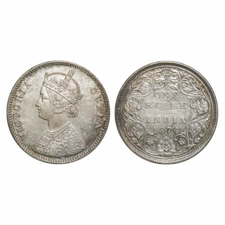 Victoria Queen, Silver, Rupee, 1874, A/II, No mint mark, Obv A of 1862 on 1874, (Since fix