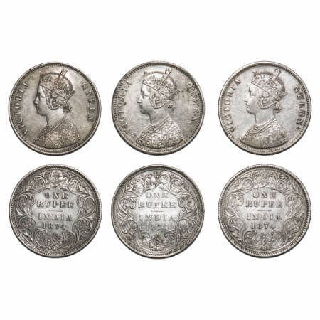 Victoria Queen, Silver, Rupee, (3 coins), 1874, 1) Bombay Mint, A2/II, No dot, Broken nume