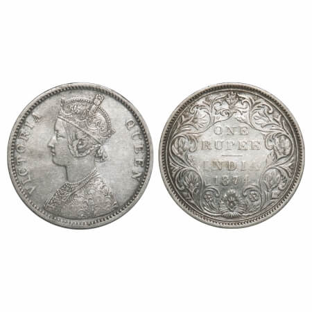 Victoria Queen, Silver, Rupee, 1874, Bombay Mint, A2/II, Dot, Dot above tip of bottom flow