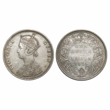 Victoria Queen, Silver, Rupee, 1875, Bombay Mint, C1/II, Dot, Inclined 1. F. Prid 144. GK 