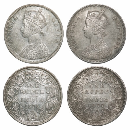 Victoria Queen & Empress, Silver, Rupee, (2 coins), 1) 1876, Bombay Mint, A2/II, Dot, Incl