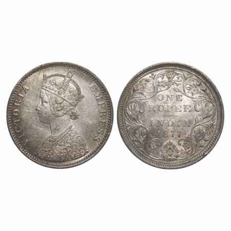 Victoria Empress, Silver, Rupee, 1877, Bombay Mint, A2/II, Dot, Die crack on Obv, Inclined