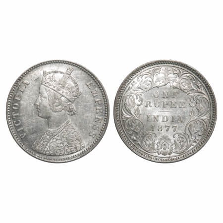 Victoria Empress, Silver, Rupee, 1877, Calcutta Mint, A1/I, No mint mark, Thin numeral 77,