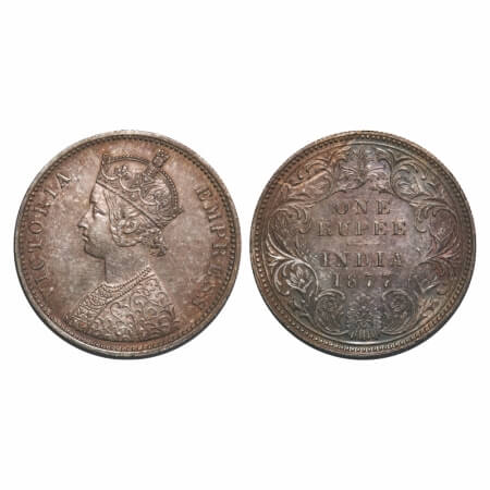Victoria Empress, Silver, Rupee, 1877, Bombay Mint, A3/I, Dot, Flat 1. F. Prid 150. GK 444