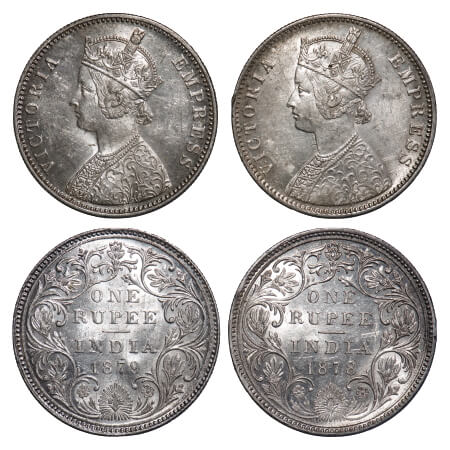 Victoria Empress, Silver, Rupee, (2 coins), 1878, 1879, Bombay Mint, A3/II(i), Dot, Inclin