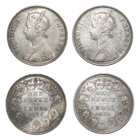 Victoria Empress, Silver, Rupee, (2 coins), 1878, Bombay Mint, A3/II(ii), Dot, Inclined 1.