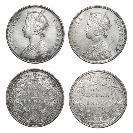 Victoria Empress, Silver, Rupee, (2 coins), 1879, Bombay Mint, 1) A3/II(iii), Dot, Incline