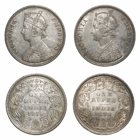 Victoria Empress, Silver, Rupee, (2 coins), 1879, Bombay Mint, 1) A3/I, No dot, Inclined 1