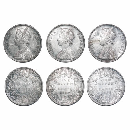 Victoria Empress, Silver, Rupee, (3 coins), 1882, Bombay Mint, A3/I, Dot, Flat 1. F. Prid 